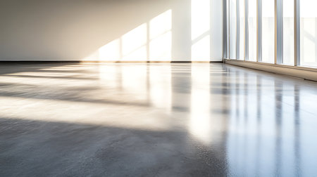 A serene sunlit interior with polished concrete floors showcases modern minimalism.の素材