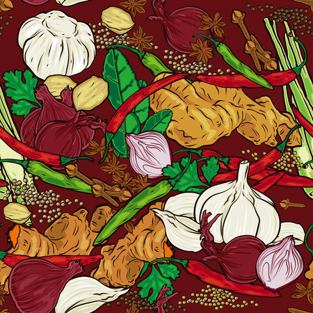 Herbs and Spices colorful seamless patternのイラスト素材
