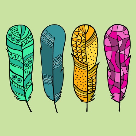 Set of four isolated hand drawn feather. Vectorのイラスト素材
