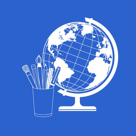 White vector globe and school supplies on blue backgroundのイラスト素材