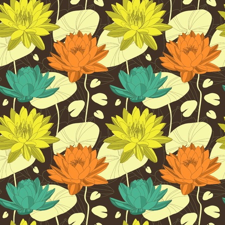 Lotus and water lily flowers in seamless pattern. Vectorのイラスト素材