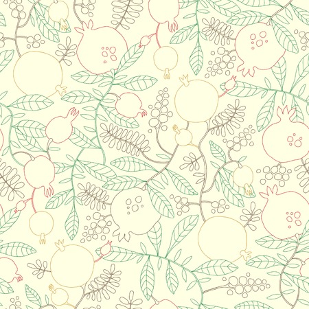 Vector seamless pattern of linear pomegranate and apple treeのイラスト素材