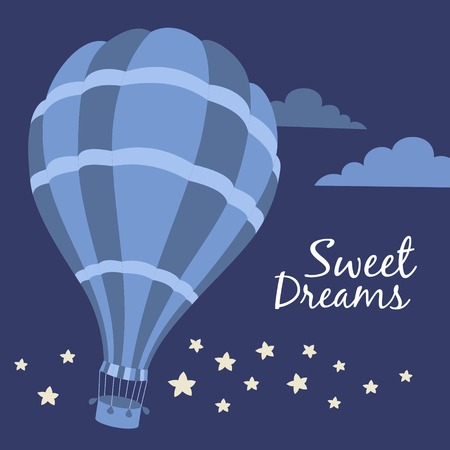 Vector illustration of colorful hot air balloon on the dark blue skyのイラスト素材