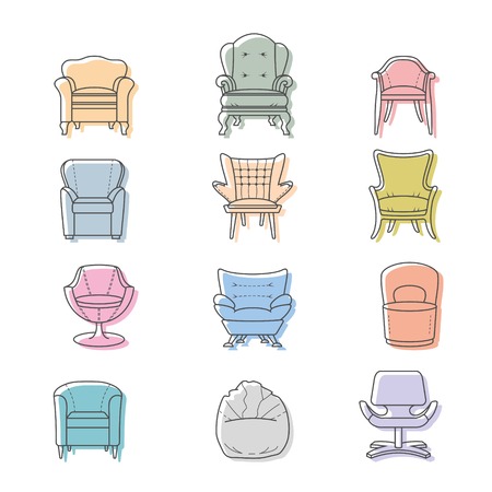 Colorfull armchairs isolated icons set. Vector illustrationのイラスト素材