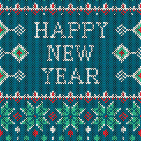 Winter seamless pattern with Happy New Year text. Sweater design with new year trees on the wool knitted texture. Vector beige, green and red Christmas and new year ornamentのイラスト素材