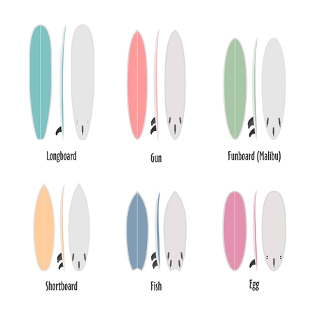 Set of surfboard types, colorfull shapes in scale. Different shapes isolated Infographicsのイラスト素材