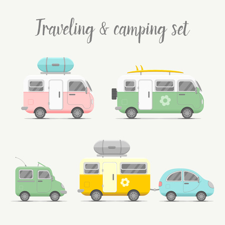 transport caravan and trailer set. Mobile home types illustration. Traveler truck flat icon. Family traveler truck summer trip concept.のイラスト素材