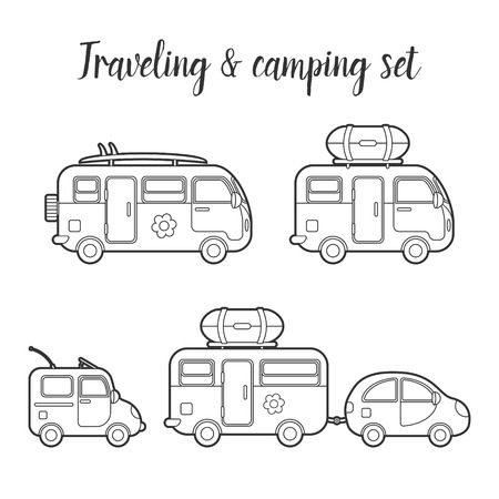 transport caravan and trailer isolated icon set. Mobile home types illustration. Traveler truck icon. Family traveler truck summer trip concept.のイラスト素材