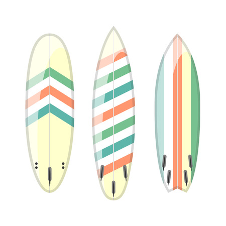 set of decorated colorful surfboards. Different shapes and types isolated on white background. Surfboard prints design collection.のイラスト素材