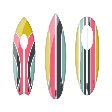 set of decorated colorful surfboards. Different shapes and types isolated on white background. Surfboard prints design collection.のイラスト素材