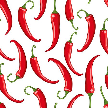 Vector seamless pattern on white background with chilli peppers. Hot spice colored illustration.のイラスト素材