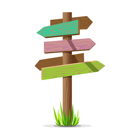 Colored wooden arrow empty vector signboard. Wood sign post concept with grass. Board pointer illustration isolated on a white background.のイラスト素材