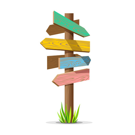 Colored wooden arrow empty vector signboard. Wood sign post concept with grass. Board pointer illustration isolated on a white background.のイラスト素材