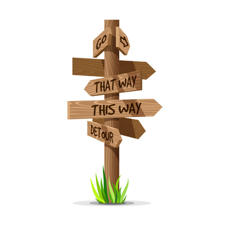 Wooden arrow vector direction signboard. Wood sign post concept with grass. Board pointer illustration with text isolated on a white background.のイラスト素材