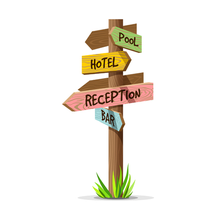 Colored wooden arrow vector resort signboard. Wood sign post concept with grass. Board pointer illustration with text isolated on a white backgroundのイラスト素材