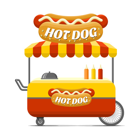 Hot dog street food cart. Colorful vector illustration, cartoon style, isolated on white backgroundのイラスト素材