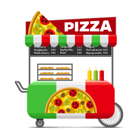 Pizza street food cart. Colorful vector illustration, cartoon style, isolated on white backgroundのイラスト素材