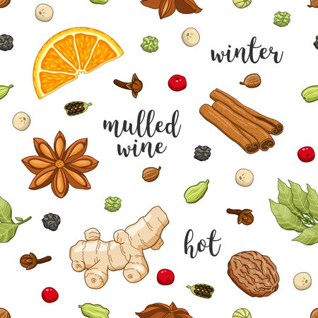 Vector seamless pattern on white background with glass of mulled wine, orange, cinnamon, cardamom, anise star, cloves, pepper, ginger, coriander and nut. Winter christmas colored illustration.のイラスト素材