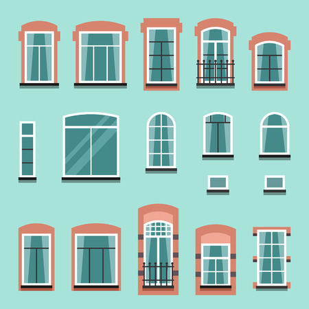 Set of plastic or wooden window frames with shutters, windowsills, curtains, balconies without wall. Flat style vector illustrationのイラスト素材