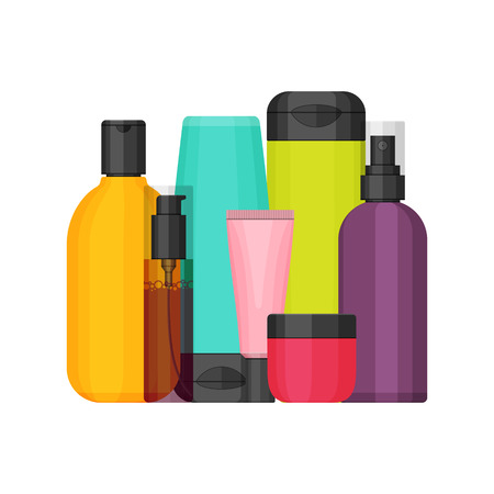 Colorful vector cosmetic bottles set for beauty and cleanser, skin and body care, toiletres. Flat design on a white background. Cream, tooth paste, shampoo, gel, spray, tube and dispenserのイラスト素材