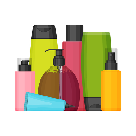 Colorful vector cosmetic bottles set for beauty and cleanser, skin and body care, toiletries. Flat design on a white background.のイラスト素材