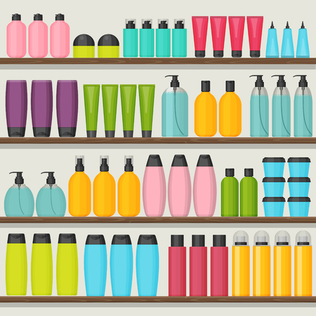 Colorful vector shop shelves with cosmetic bottles. Set for beauty and cleanser, skin and body care. Flat designのイラスト素材
