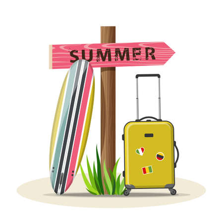 Summer holidays vector illustration with surfboard, signboard and suitcase. Travel, vacation and extreme, activity. Isolated on white backgroundのイラスト素材