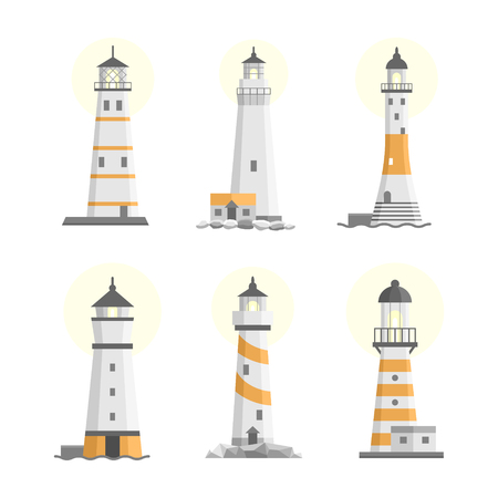 Vector set of cartoon flat isolated lighthouses. Searchlight towers for maritime navigational guidanceのイラスト素材