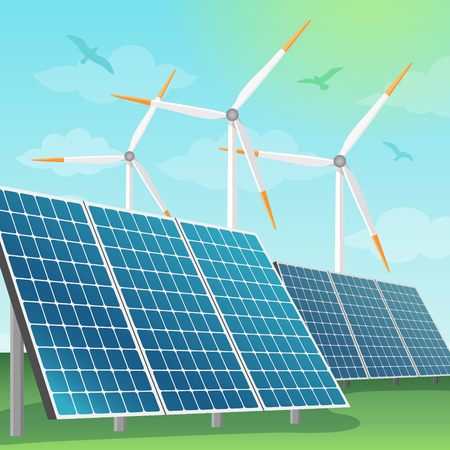 Solar batteries and windmills vector illustration. Production of eco renewable energy in nature, alternative sources of energy.のイラスト素材
