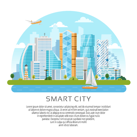 Round style smart city vector landscape with buildings, skyscrapers and river trafficのイラスト素材