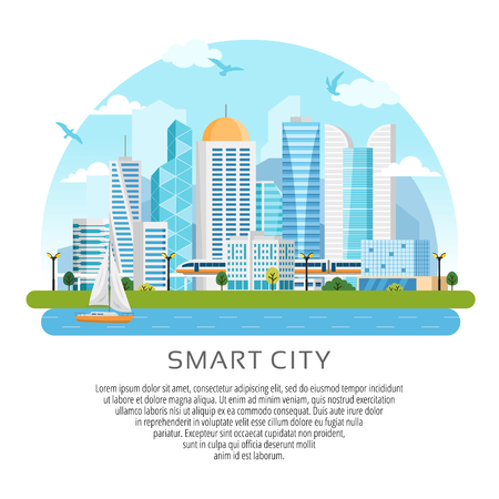 Round style river side landscape with skyscrapers, subway, boat. Vector illustrationのイラスト素材