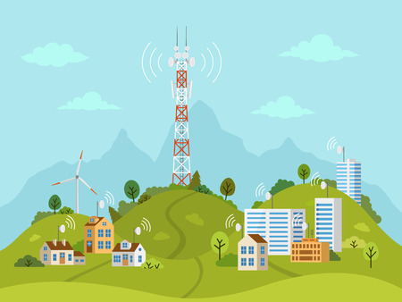 Transmission cellular tower on landscape. Wireless radio signal connection with houses and buildings through obstacles. Mobile communications tower with satellite communication antennas.のイラスト素材