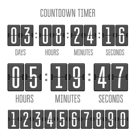Flip countdown clock counter timer on white. Vector time remaining count down flip board with scoreboard of day, hour, minutes and seconds. Can be used for web page upcoming event template design.のイラスト素材