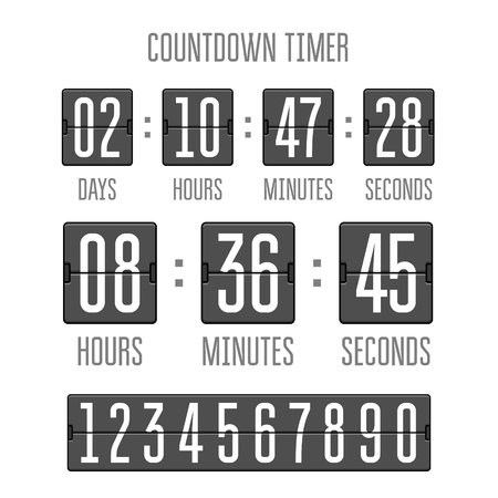 Flip countdown clock counter timer on white. Vector time remaining count down flip board with scoreboard of day, hour, minutes and seconds. Can be used for web page upcoming event template design.のイラスト素材