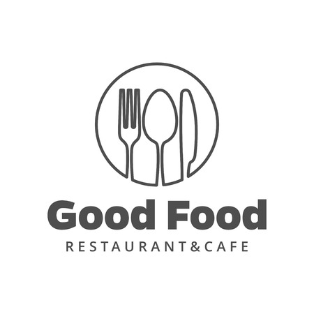 Food vector logo with fork, knife and spoon. Isolated sign. Cutlery in circle form with company or restaurant nameのイラスト素材