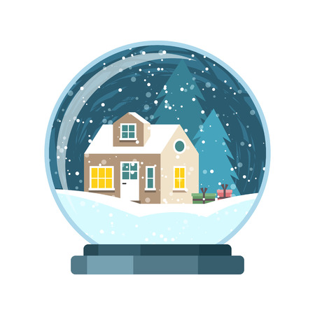 Christmas snow globe with small house and trees. Isolated vector illusrtationのイラスト素材