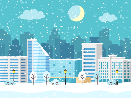 Christmas winter city landscape with big building. Snowy evening view with buildings and skyscrapers. Vector illustrationのイラスト素材