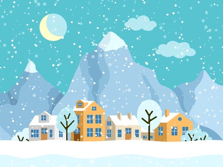Christmas winter landscape with small houses. Snowy evening village with mountains. Vector illustrationのイラスト素材