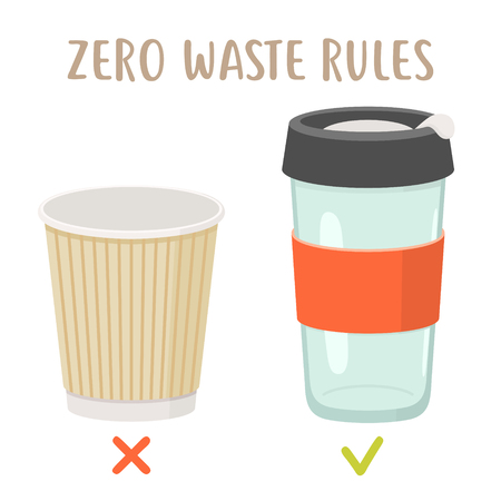 Zero waste rules - disposable cup vs reusable cup. Less plastic vector flat illustrationのイラスト素材