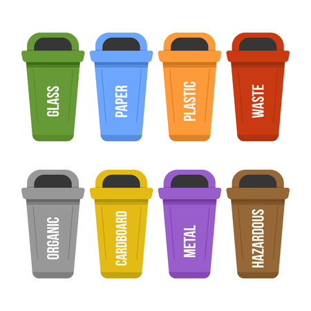 Multicolored recycle standing waste bins for separate garbage collection. Different colored garbage containers for waste - plastic, cardboard, organic, paper, glass, metal. Flat vector illustrationのイラスト素材