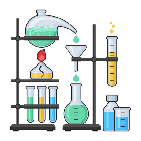 Science equipment in chemistry laboratory vector with test glass tube and flask. Pharmacy and chemistry, education and science vector concept.のイラスト素材