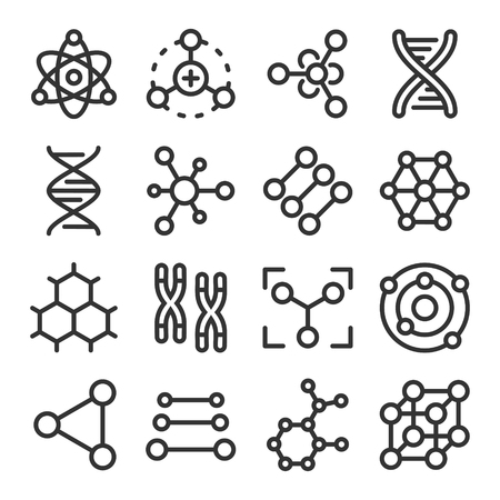 Atoms, molecules, dna, chromosomes outline vector icon set. Pharmacy and chemistry, education and science elements and equipmentのイラスト素材