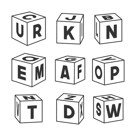 Set of outline toy bricks with letters, vector illustration for coloring book. Single vector cubes isolated on white background.のイラスト素材