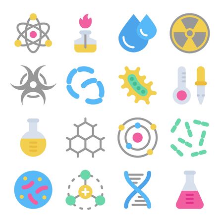 Chemistry science details colorful vector icon set. Pharmacy and chemistry, education and science laboratory elements and equipmentのイラスト素材