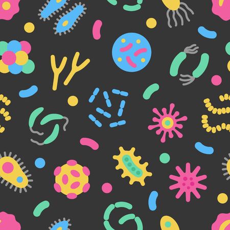 Bacteria, microbe, virus colorful vector seamless pattern. Microscopic bacterium and bacillus collection, isolated on dark backgroundのイラスト素材