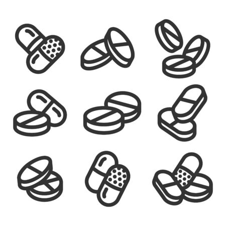 Pills and drugs compositions vector line style icon set. Different shapes of pillsのイラスト素材