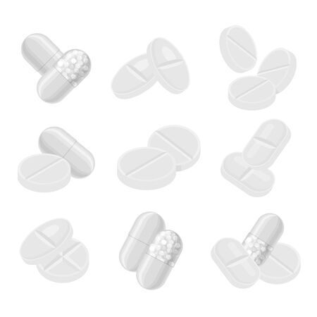 Pills and drugs vector white realistic icon set. Different shapes of pills compositionsのイラスト素材