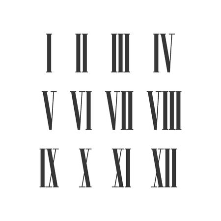 Twelve narrow roman numeral vector set for roman clock. Isolated illustration on white backgroundのイラスト素材
