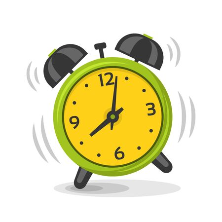 Ringing alarm clock with two bells vector illustration. Cartoon isolated dinamic image, green and yellow color morning alarm clockのイラスト素材
