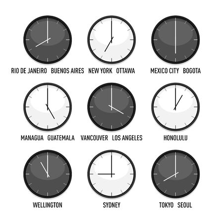 Set of clocks for every timezone vector icon set. 9 time zones for western hemisphere. Isolated illustration on white backgroundのイラスト素材
